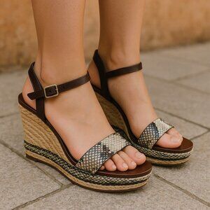 Tory Burch Espadrille Wedge Sandals Heels Leather Snake Women's 6.5 M